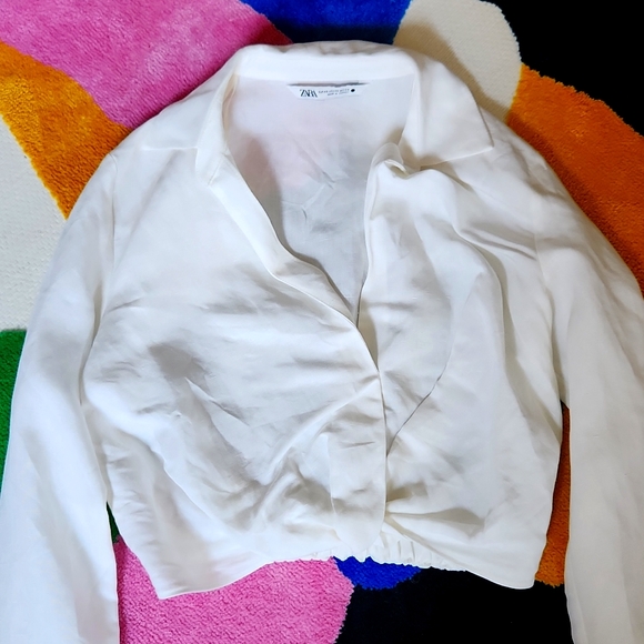 Zara Cropped White Linen Blouse XS - Picture 2 of 4